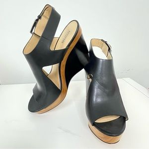 Michael Kors Josephine black leather-wood wedge sandals silver buckle 4.5”H Sz9
